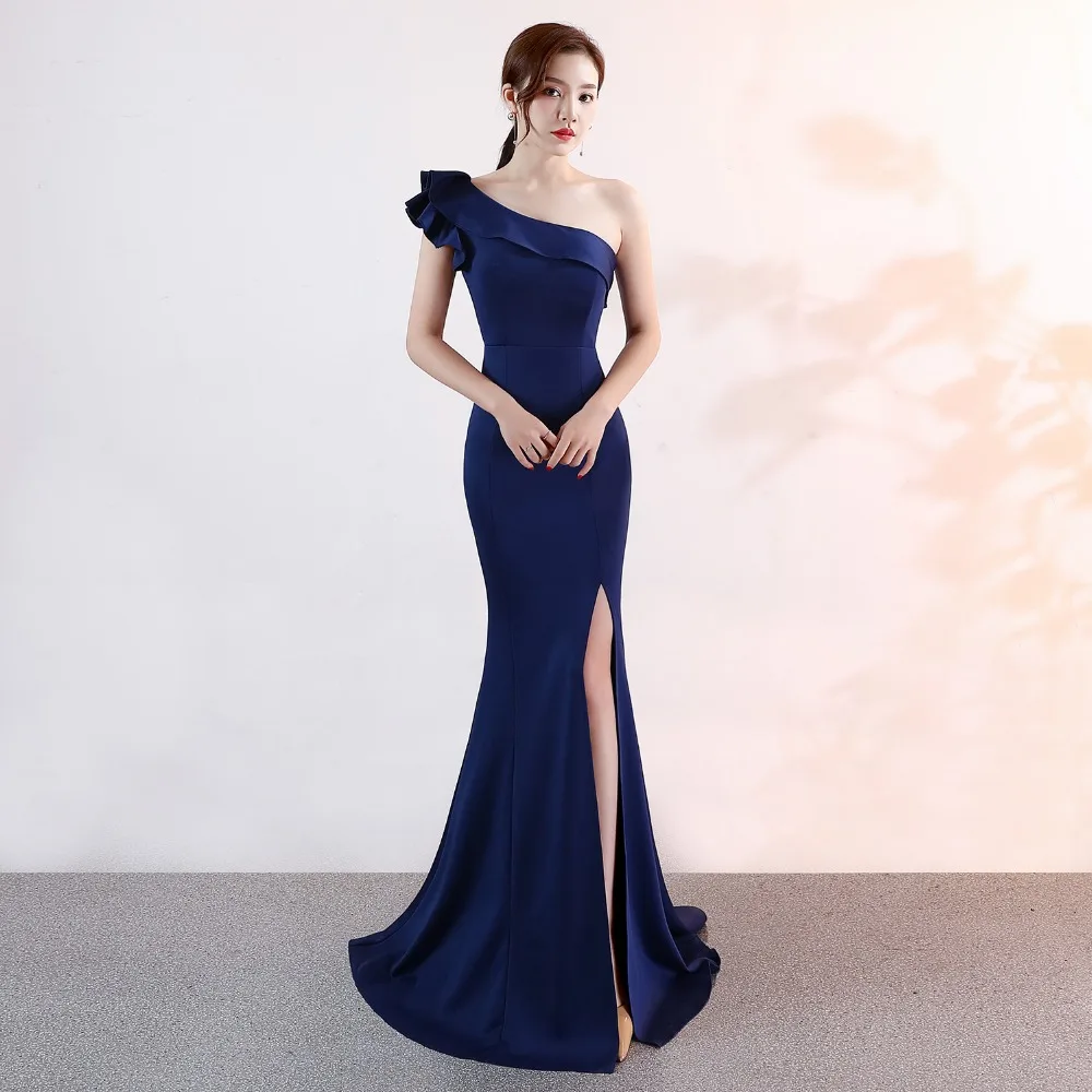 

Corzzet Blue Cotton One Shoulder Reffle Maxi Party Dress Sexy Slit Club Elegant Women Mermaid Slim Long Party Dress