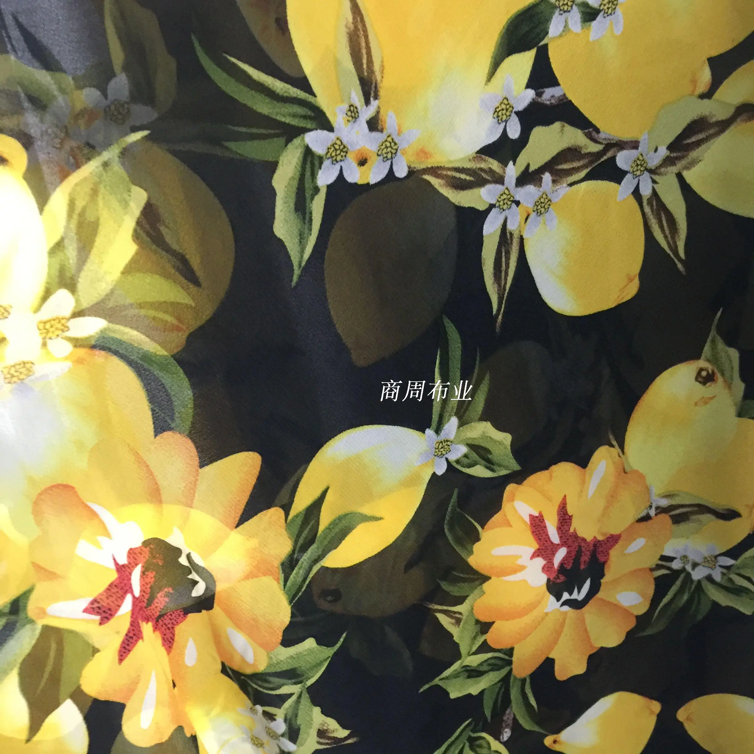 3 color printed lemon  Branches and leaves printed chiffon f fabric Bohemia resort long dress clothing material