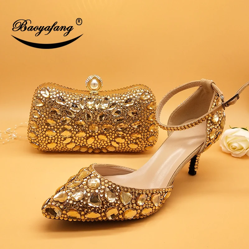 Champagne Golden crystal women Wedding shoes with matching bags Rhinestone high heels ankle strap shoes women party dress shoes