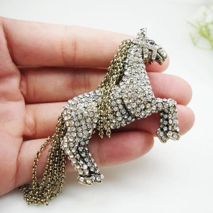 New Pretty Horse Metal Hair Tail Brooch Pin Animal Clear Rhinestone Crystal