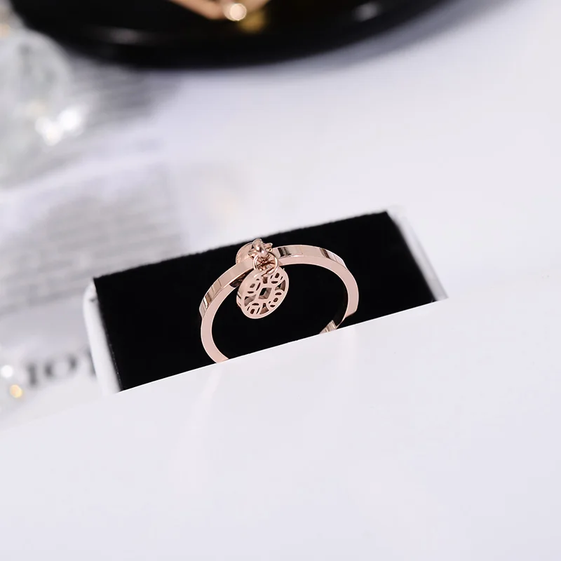 YUN RUO Claaic Vintage Lucky Copper Coin Ring Rose Gold Color Lady\'s Birthday Gift Woman Fashion Titanium Steel Jewelry Not Fade