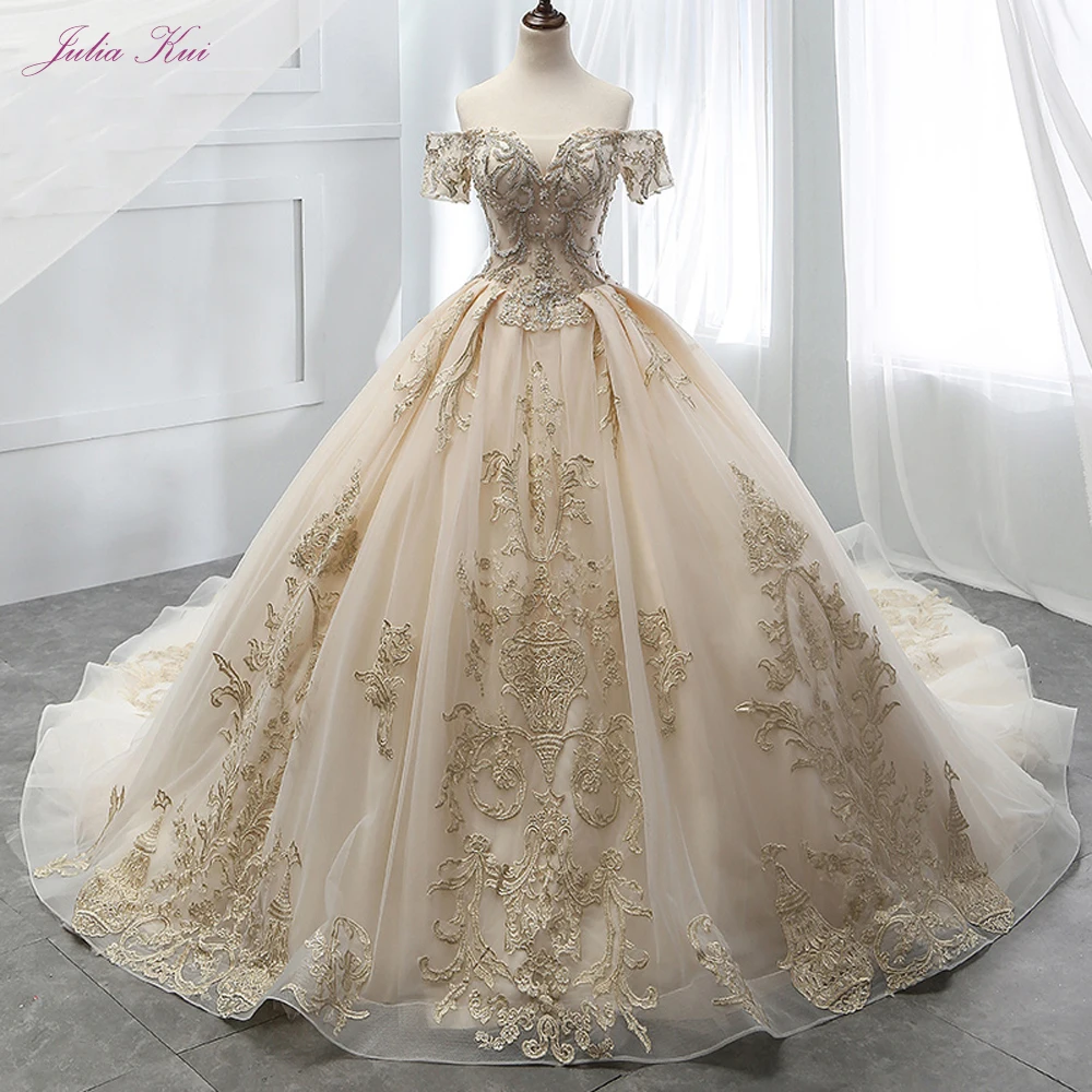 Julia Kui Customize Vintage Silver Beading Chapel Train Sweetheart Neckline Ball Gown Wedding Dresses With Cap Sleeves