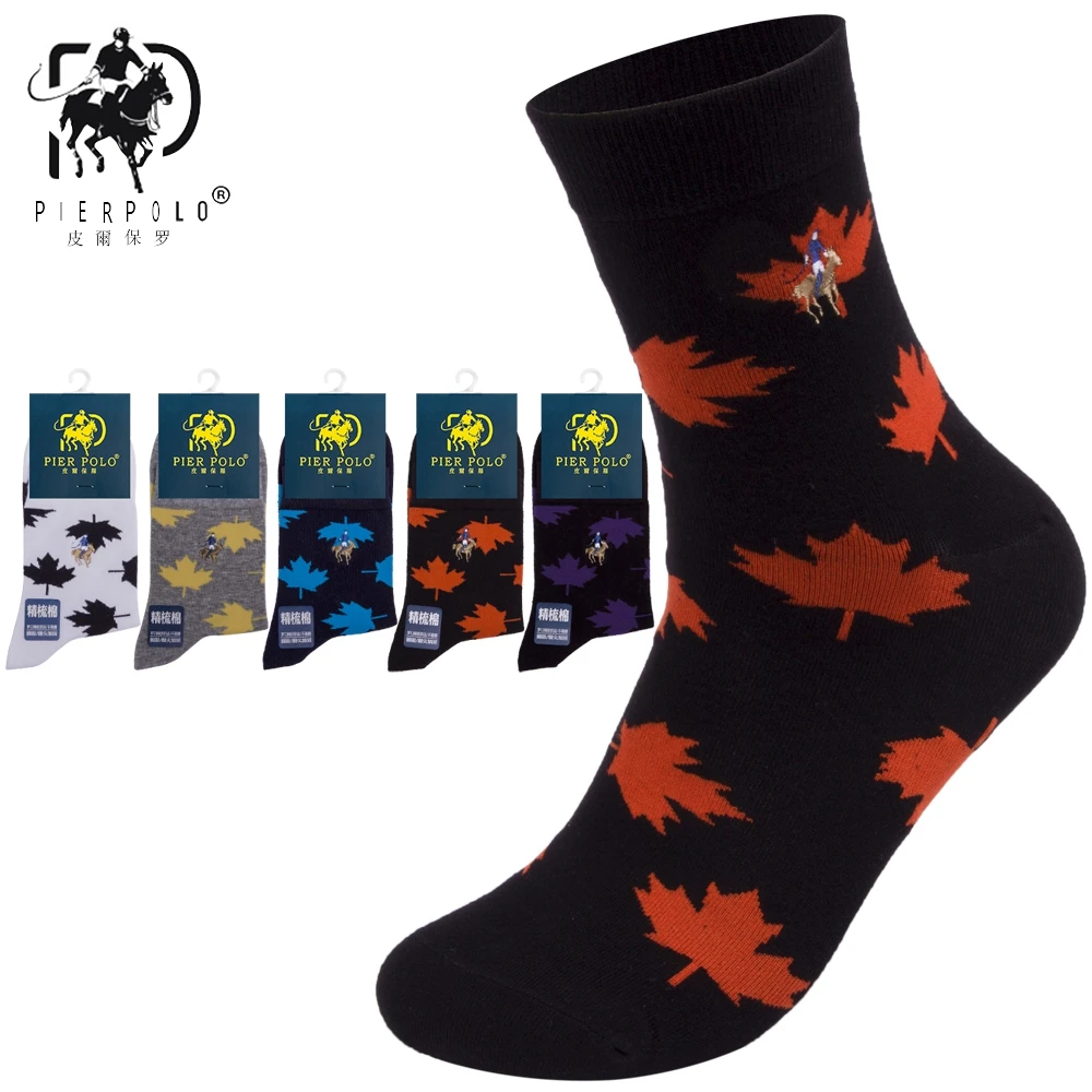 

High Quality Brand PIER POLO New Maple Leaf Socks Fashion Casual Cotton Crew Socks Business Embroidery Autumn Winter Men's Socks
