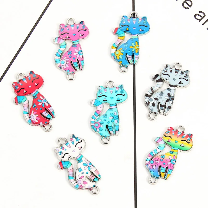 10pcs Cat Enamel Alloy Bracelets Connectors Animal Charms Fashion DIY Necklace Women Jewelry Accessories Finding 3*1.6cm