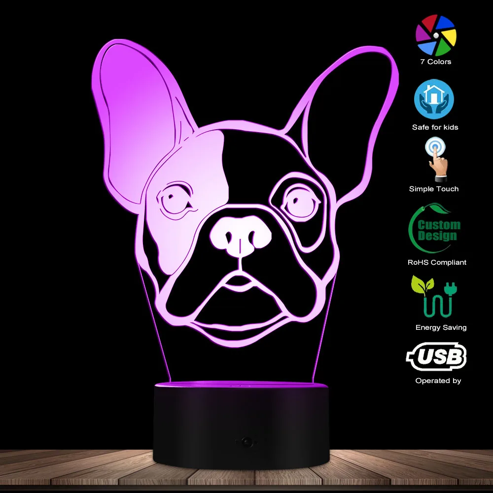 3D French Bulldog Designed Visual Lamp Pet Puppy Pug Home Decor Table Lamp Dog Portrait Kid Room 3D LED Illusion Night Light