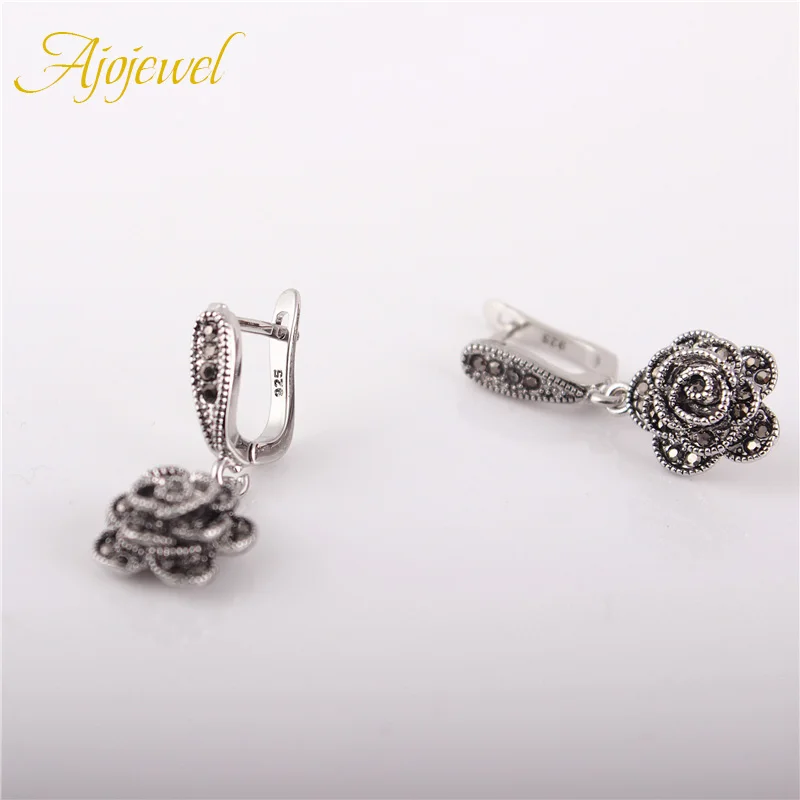 Ajojewel Vintage Black CZ Rose Flower Earrings For Women Silver-color Ear Drop Chic Jewelry