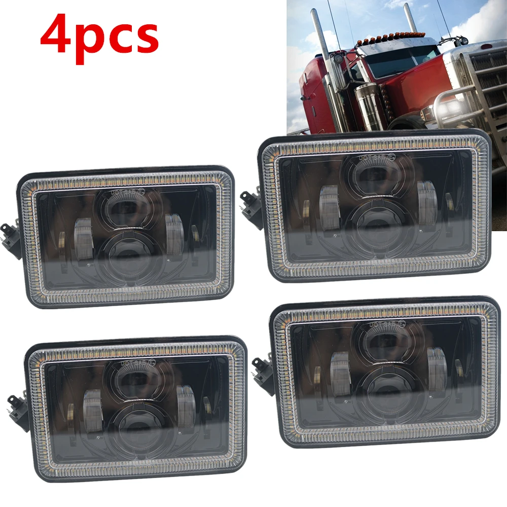 

Car 4X6 Led Headlight Square White DRL Amber Turn Signal Halo Sealed High Low Beam Lights For Ford Trucks Offrord 55W