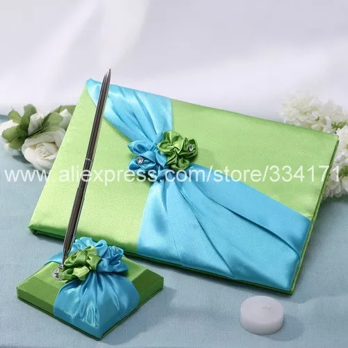 

Free Shipping new arrival green with blue flower Wedding Guestbook and Pen Set 1018