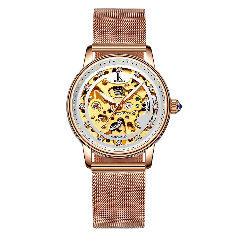 IK Colouring Ladies Wristwatch Automatic Stainless Steel Band Female Clock Mechanical Skeleton Rhinestone Women Watch