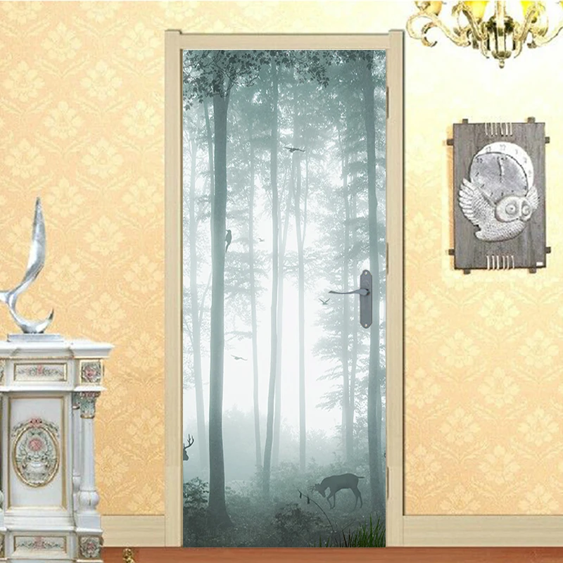 غابة صغيرة الغزلان ثلاثية الأبعاد ملصق الباب ملصق جدار جدارية بولي كلوريد الفينيل مقاوم للماء صور مطبوعة للحوائط خلفية لغرفة المعيشة غرفة نوم باب ديكور المنزل