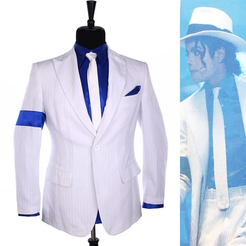 Rare MJ Michael Jackson Smooth Criminal Classic White Stripe Skinny Party Casual Suit FULL Outfit