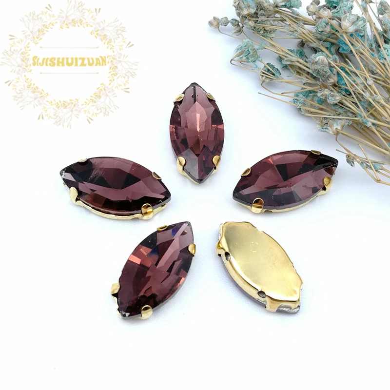 Classic Style Shiny Wine Red Horse Eye Glass Crystal Sew On Rhinestones With Gold Claw Diy Wedding Dress Accessories