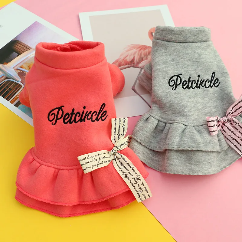 Cute Bow Puppy Dog Dress Winter Warm Pet Clothes for Small Dogs York Shih Tzu Dresses Cat Skirt mascotas vestidos para perritas