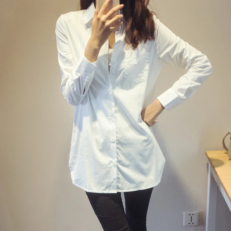 Casual Long Blouse Womens Boyfriend White Tops Fashion Full Sleeve Turn-Down Collar Plus Size Loose Contton Shirts
