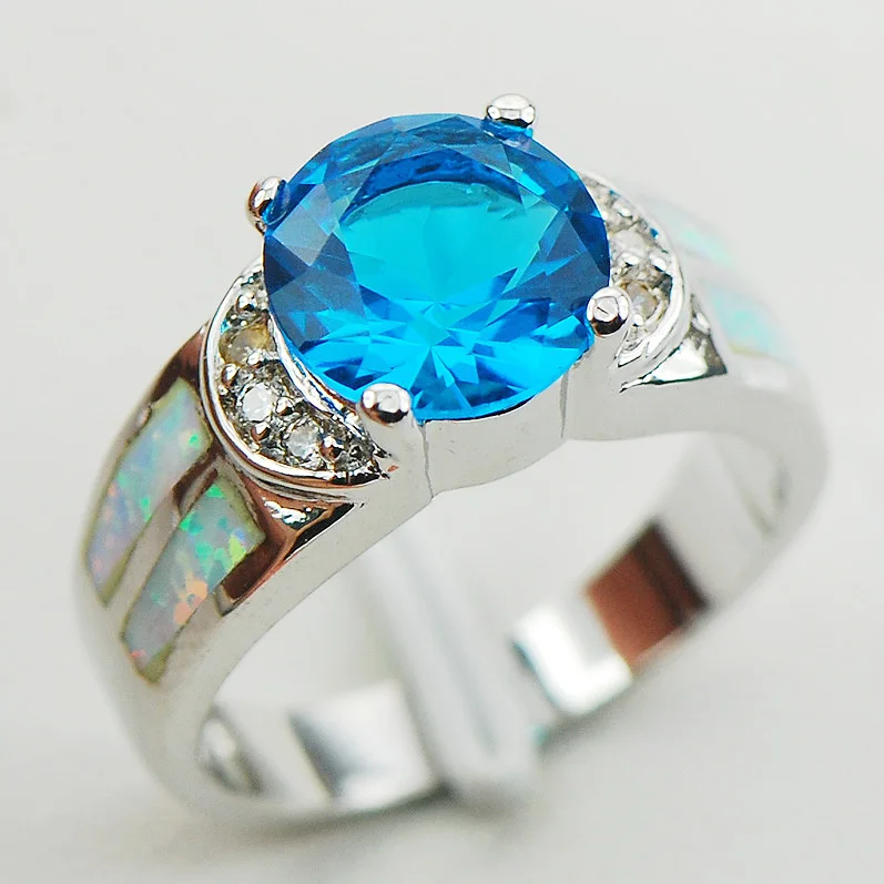 

Blue Crystal Zircon White Fire Opal 925 Sterling Silver Woman Ring Size 6 7 8 9 10 R1175