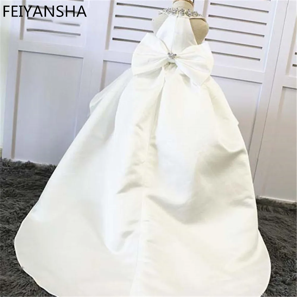 White Ivory Flower Girl Dress Kids Pageant Birthday Formal Party Lace Long Dress Bowknot First Communion Dress Prom Gown 3M-14Y