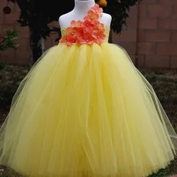 Little Girls Yellow Flowers Tutu Dress Kids Handmade Fluffy Tulle Tutus Ball Gown with Headband Children Party Costume Dresses