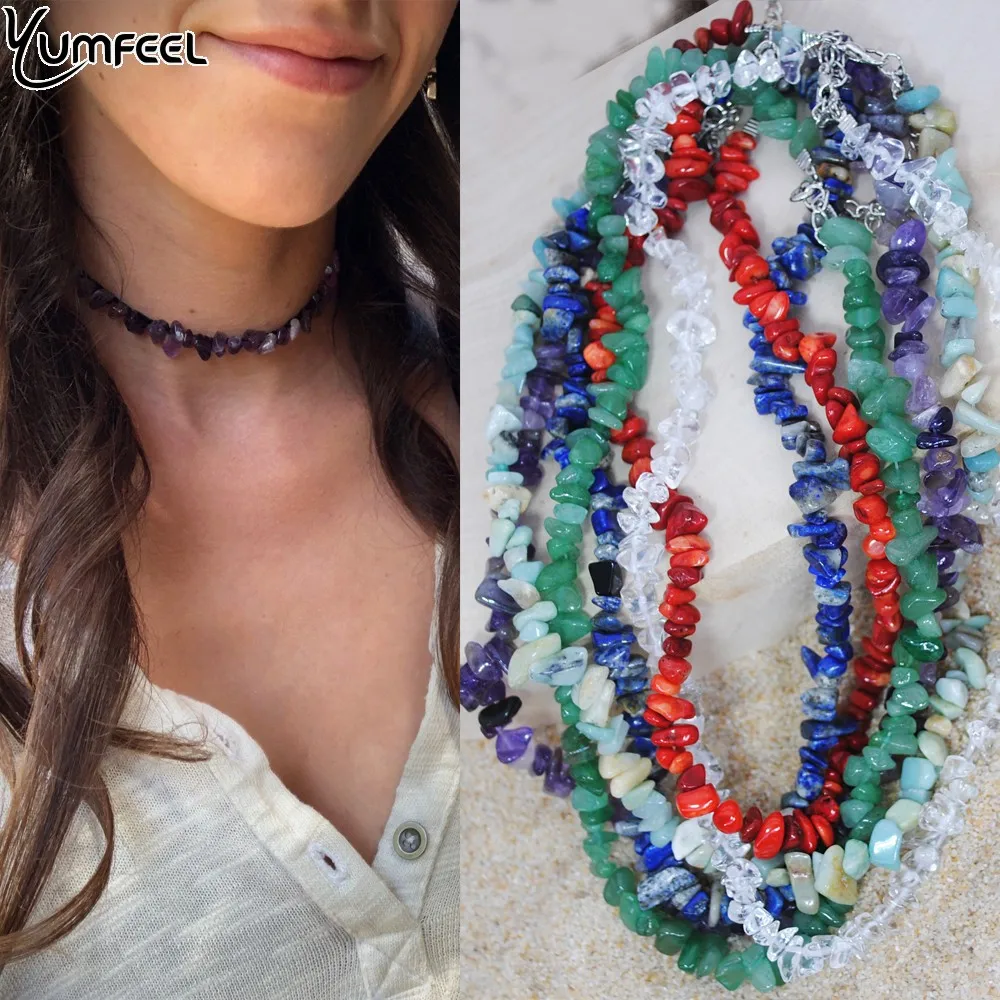 Yumfeel New Natural Stone Choker Necklace Handmade Amethyst Chips Rose Quartz Lapis Crystal Pearl Beads Necklace Women Jewelry