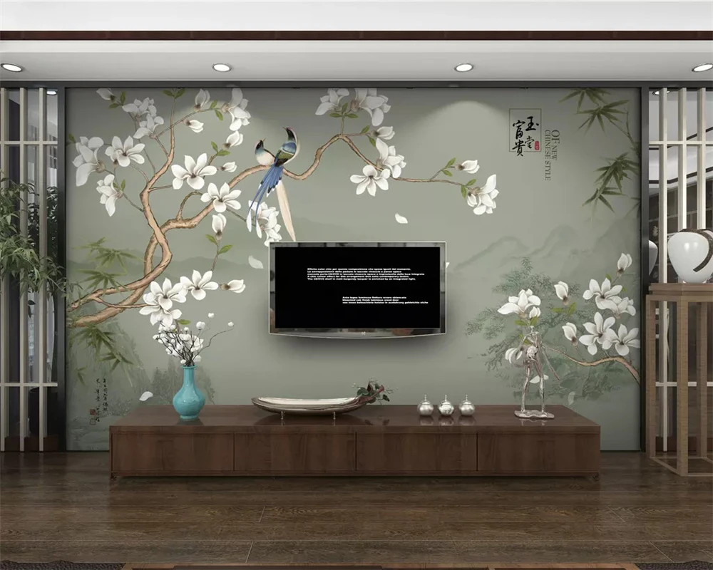 beibehang Custom papel de parede 3d wallpaper new Chinese style hand-painted magnolia bird ink landscape bamboo TV background