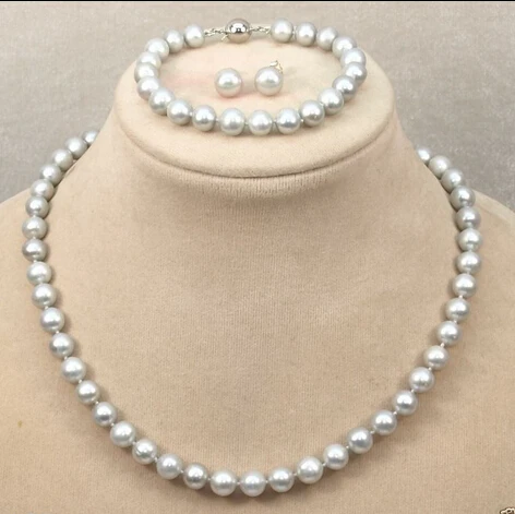 

Fashion Natural 8-9mm Gray Freshwater Pearl Necklace Bracelet Earrings Set