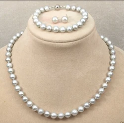 Fashion Natural 8-9mm Gray Freshwater Pearl Necklace Bracelet Earrings Set