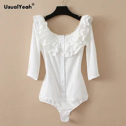 Usualieah-body feminino com babados, elegante, com decote slash, manga de 3/4, corrente de metal, camisa e blusa bege, s, m, g, gg