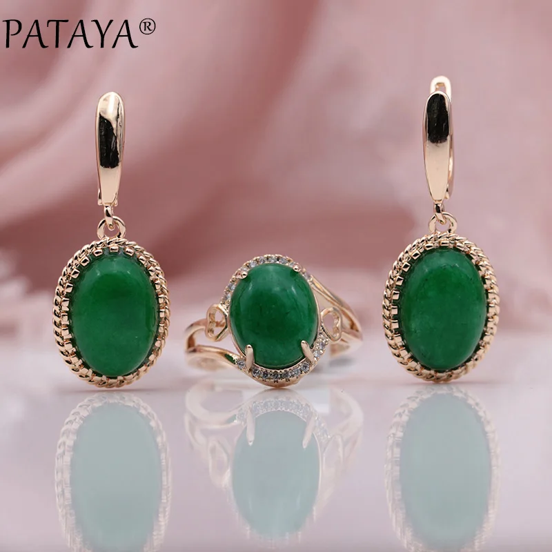 PATAYA 585 Rose Gold Color Malay Oval Natural Stone White Zircon Long Dangle Earrings Rings Sets Women Wedding Fine Jewelry