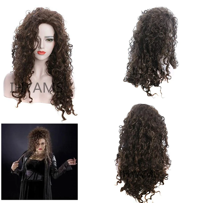 Movie Film Character Bellatrix Lestrange Long Brown Wavy Synthetic Wigs Heat Resistant Cosplay Costume Wig + Wig Cap