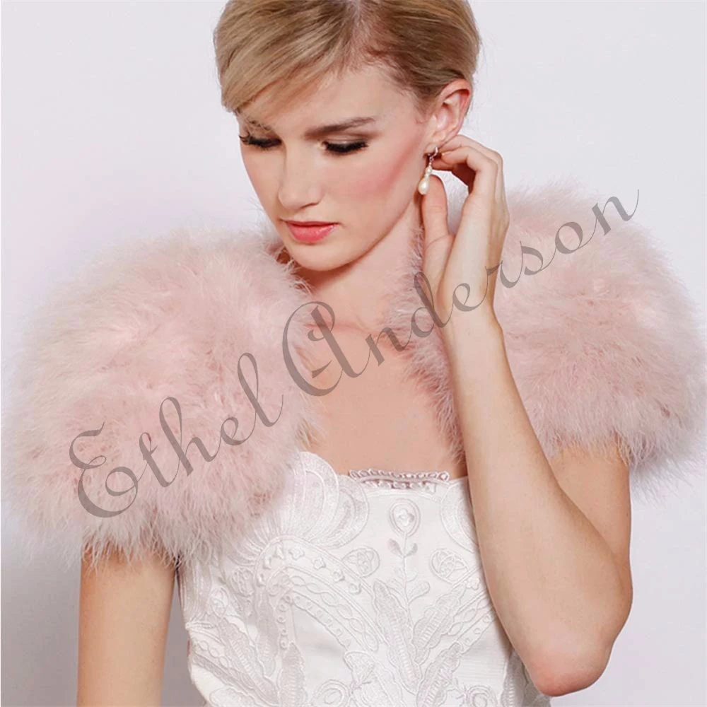 Blush Pink White Luxurious Real Ostrich Fur Feather Cape Boleros Bridal Fur Shawl Marriage Shrug Coat Bride Wedding Party