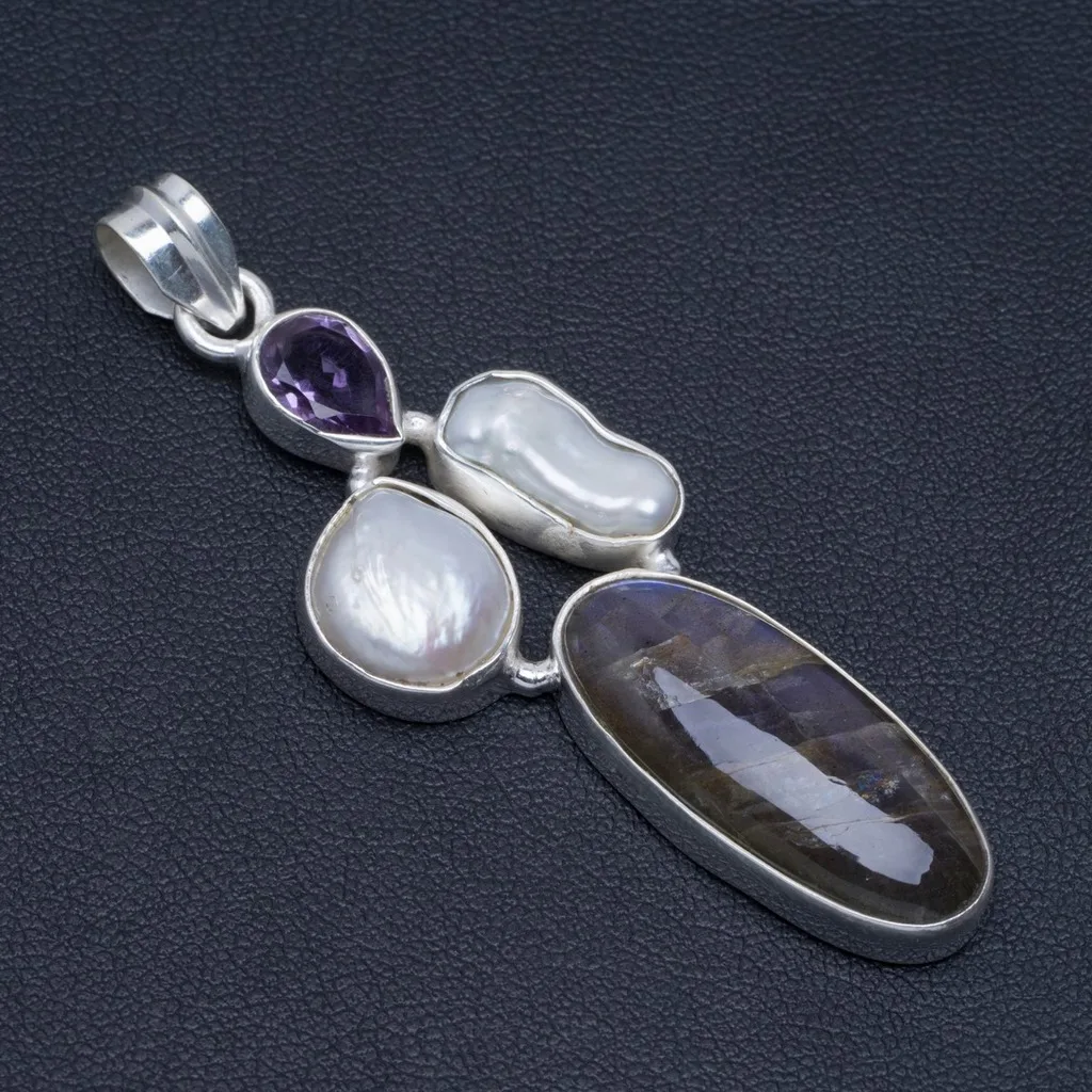 

Natural Blue Fire Labradorite,Biwa Pearl and Amethyst Unique 925 Sterling Silver Pendant 2.5" A4865