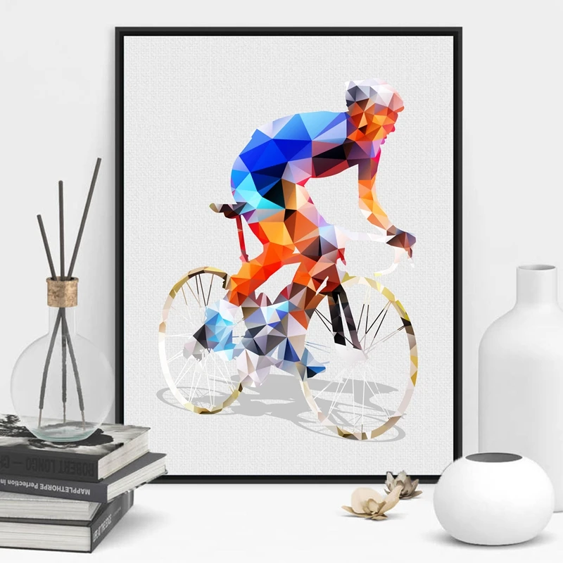 Abstract Geometrical Polygonal Cyclist Canvas Art Print Wall Pictures , Cycling Canvas Painting Poster Wall Decor