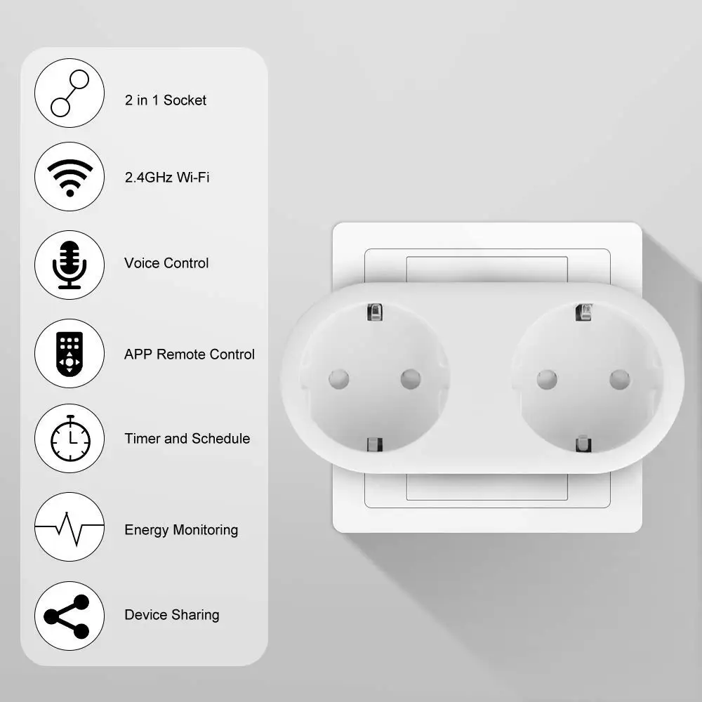 Alexa Kompatibel 2 Dalam 1 Soket WiFi 16A Monitor Daya Standar Uni Eropa Tuya Aplikasi Remote Control Smart Outlet Bekerja dengan Google Home