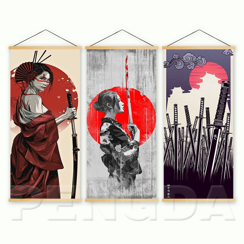 

Home Decoration Nordic Style Wall Art Japanese Figures Painting Solid Wood Hanging Scrolls Canvas Print Simple Picture Poster