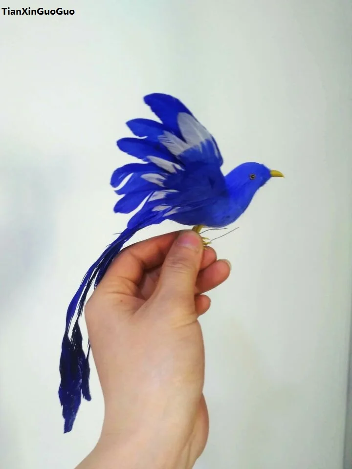 20x28cm blue feathers spreading wings bird hard model foam&feathers bird with long tail decoration prop,craft s1288