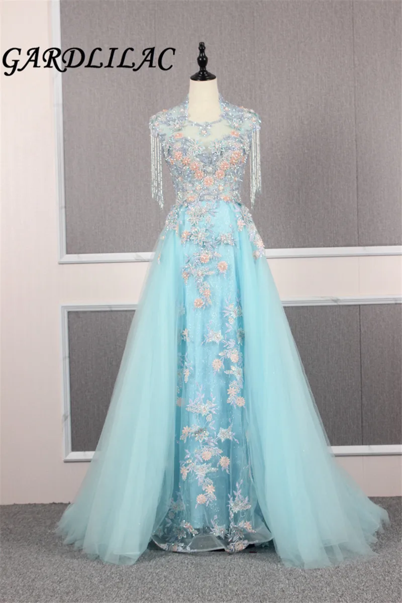 Light Blue Evening Dresses 2019 Plus Size Tulle 3D Appliques Long Formal Dresses Gowns  Beaded Sleeveless Robe De Soiree