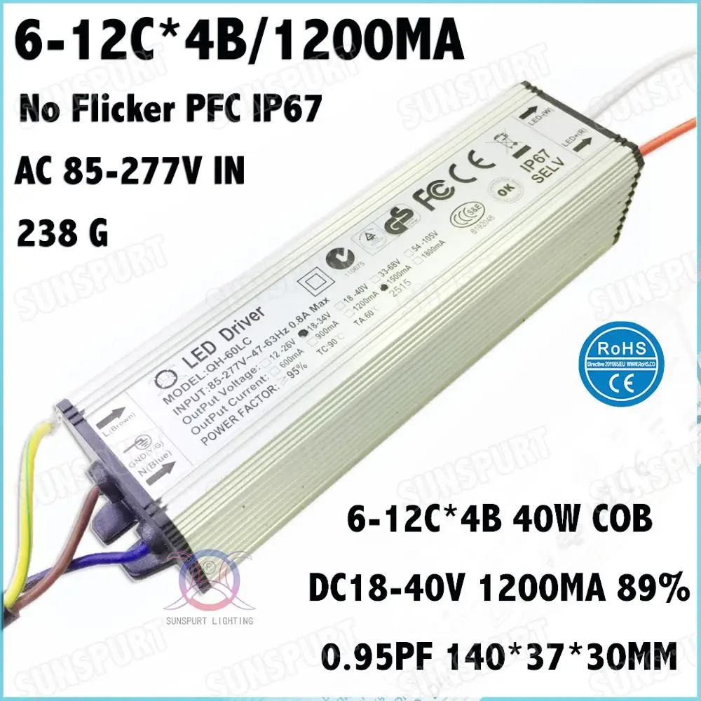 

2 Pcs No Flicker IP67 PFC>0.9 60W AC85-277V LED Driver 6-12Cx4B 1200mA DC18-40V Constant Current For Spotlights Free Shipping