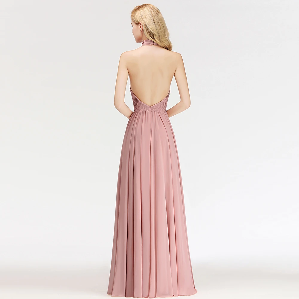 Staubigen Rosa Halfter Abendkleider 2022 Lange Frauen A-linie Chiffon Ärmellose Sexy Backless Formales Abschlussball-partei-kleid roben de soirée