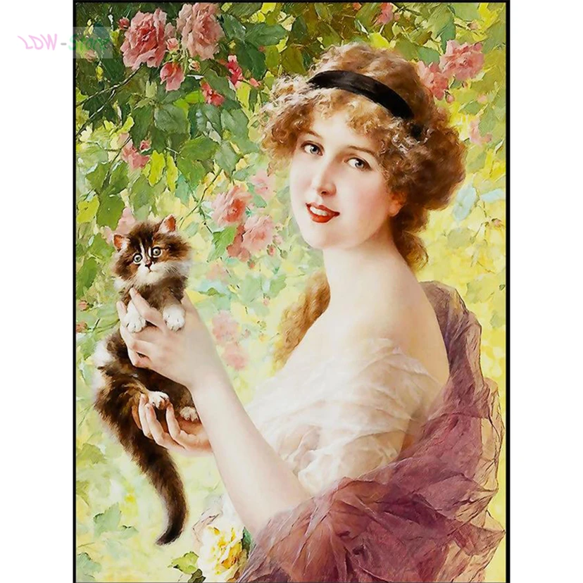 

5D DIY Diamond Painting Full Square Rhinestone Diamond Mosaic Diamond Embroidery Sale European beauty and cat pattern WG209