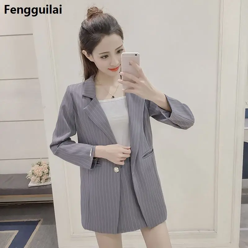 Hot Selling New  Vertical Stripes Long Suit Jacket Half Skirt Suit Ladies Fashion Casual Suit +Skirt Two Piece Set