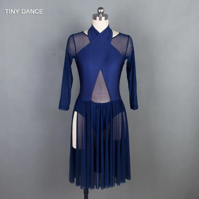 Child & Adult Navy Blue Long Sleeve Ballet, Lyrical and Contemporary Dance Costume Dress with Sexy Mesh Back 18709