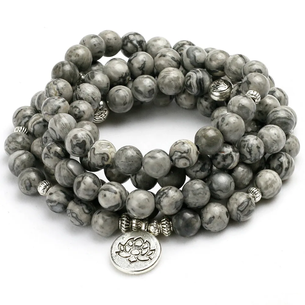 New Energy 8mm Beads Natural Light Grey Map Stone Beaded Charm Bracelet Men Women Bangle Lover Gift Design Yoga Jewelry