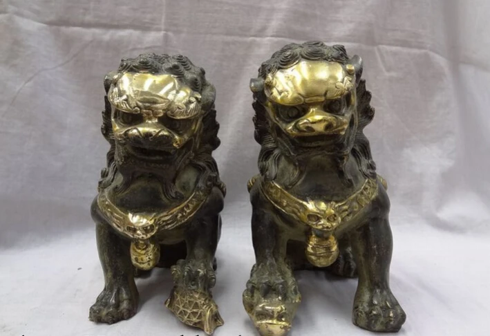 

song voge gem S2978 Chinese Bronze Gilt Animals Guardian BiXie Foo Fu Dog Door Lion Ball Statue Pair