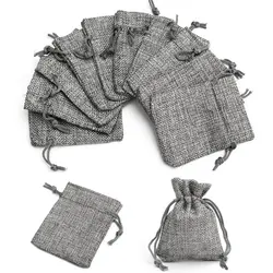 Bolsas de arpillera gris, saco de yute con cordón, pequeño recuerdo de boda, regalo, bolsa de embalaje de joyería, exhibición de joyas, 7x9cm, 50 unidades