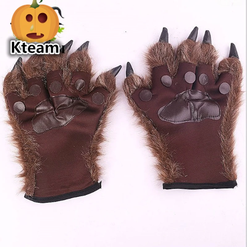 

2018 Top Grade 1 Pair Halloween Party Cosplay Tools Scary Beast Latex Plush Wolf Paw Gloves for Bar Props Wolf Mask Gloves toys