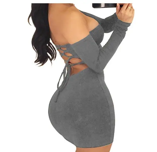 Sexy Strapless Bandage Dress Long Sleeve Off Shoulder Lace Up Mini Dress Bodycon Backless Summer Night Club Party Dresses