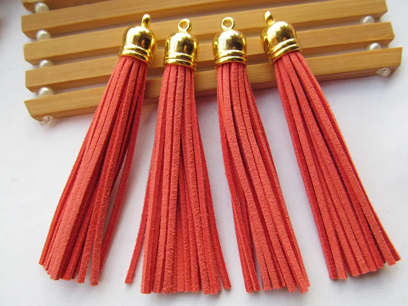 Free Shipping 100Pcs 90mm Watermelon Red Suede Leather Jewelry Tassel For Key Chains/ Cellphone Charms Top Plated End Caps Cord