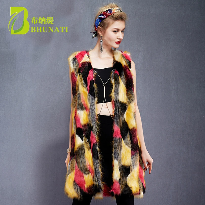 BHUNATI Fur Coat Women  Faux Fur Coat Personality Hit Colorful Long Faux Fur Furry Vest Slim Sleeveless Jackets For Women