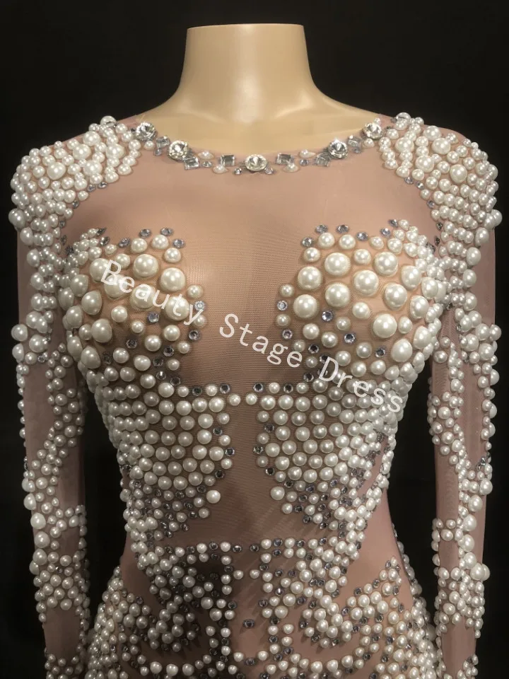 Robe de soirée luxueuse en maille avec perles et strass, à manches longues, pour bal, anniversaire, chanteur