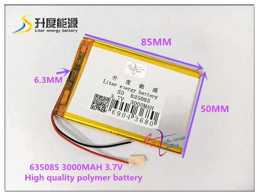 3.7 V 3000 mAH 635085 lithium ion polymer/Li - Ion แบตเตอรี่สำหรับแท็บเล็ต pc POWER BANK GPS e - book ลำโพง