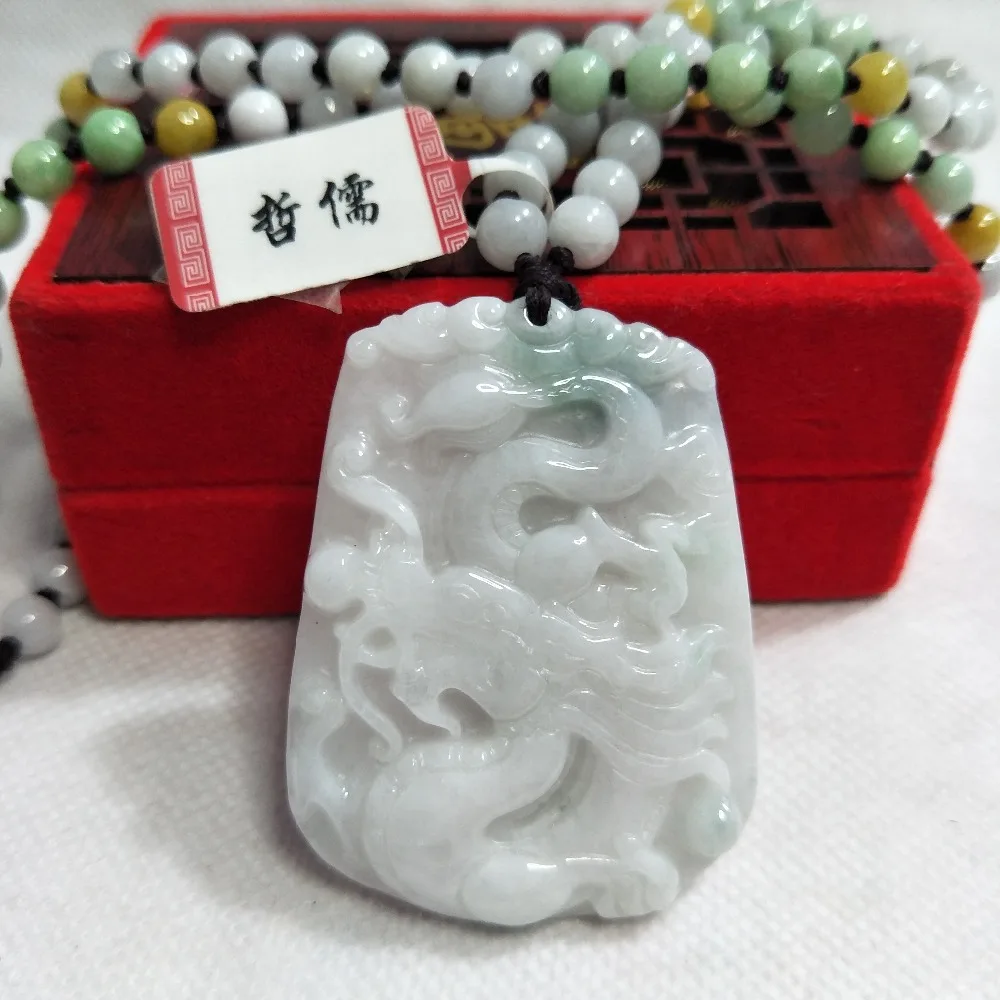 

Zheru Jewelry Pure Natural Jadeite Light Green Bicolor Dragon Pendant Tricolor Jadeite Bead Necklace A ClassNational Certificate